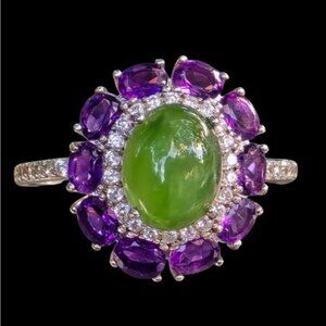 925 Sterling Silver Ring Sz 9 with Natural Jade 8x10mm & Amethyst Gems